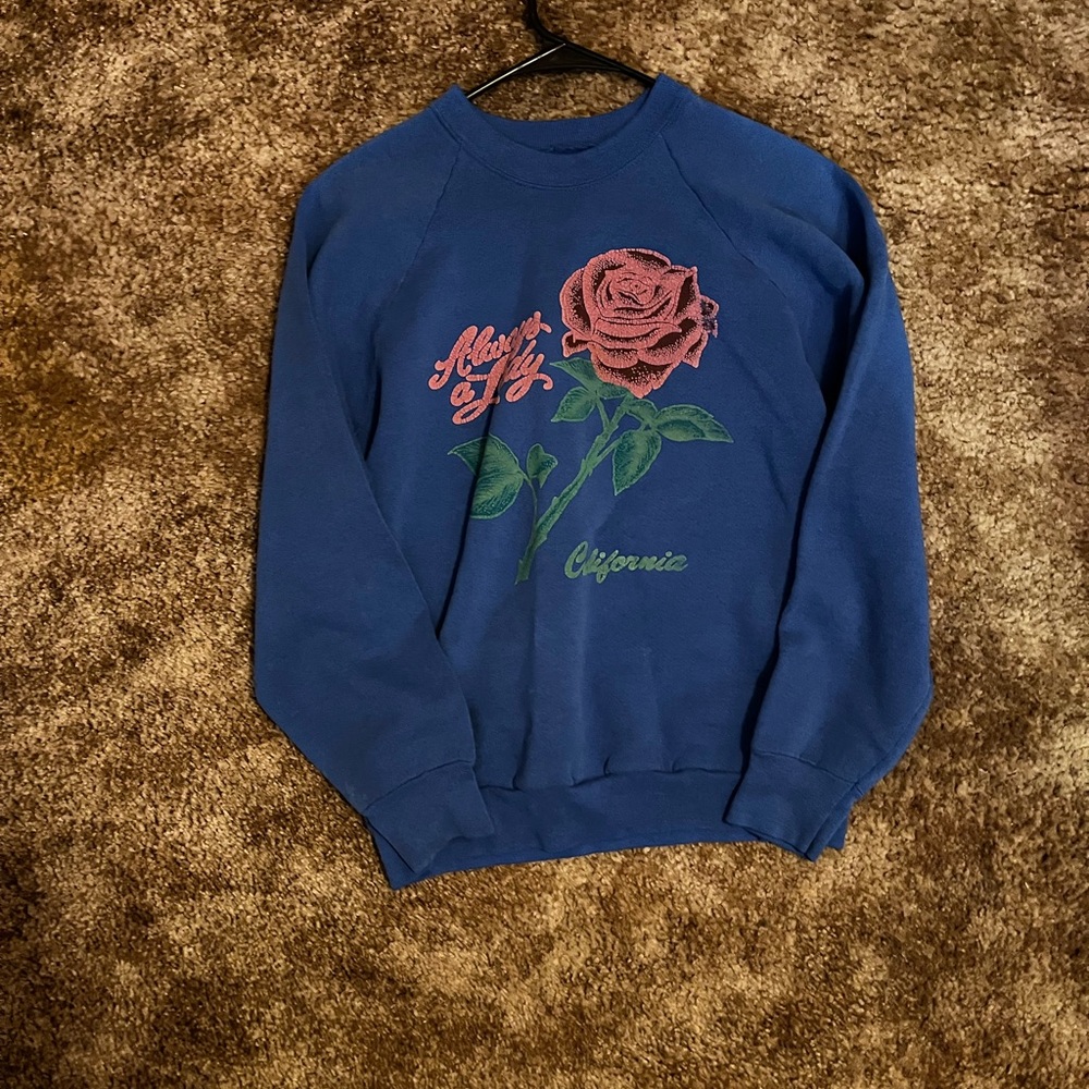 Blue Crew Neck Sweater with Rose Design
